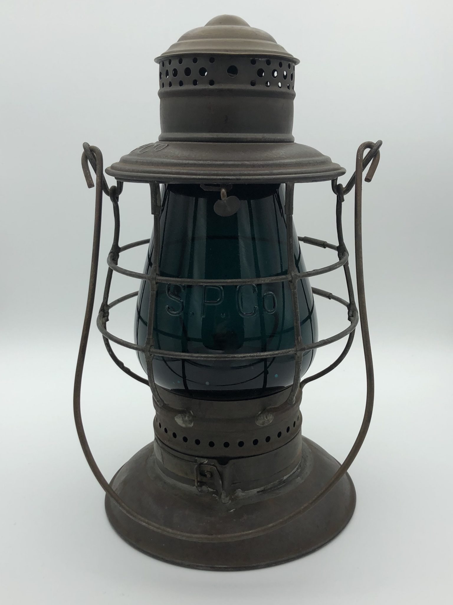 SP Co-Adams & Westlake-Brasstop-Railroad Lantern-Antique-Railroadiana-Green Cast Globe