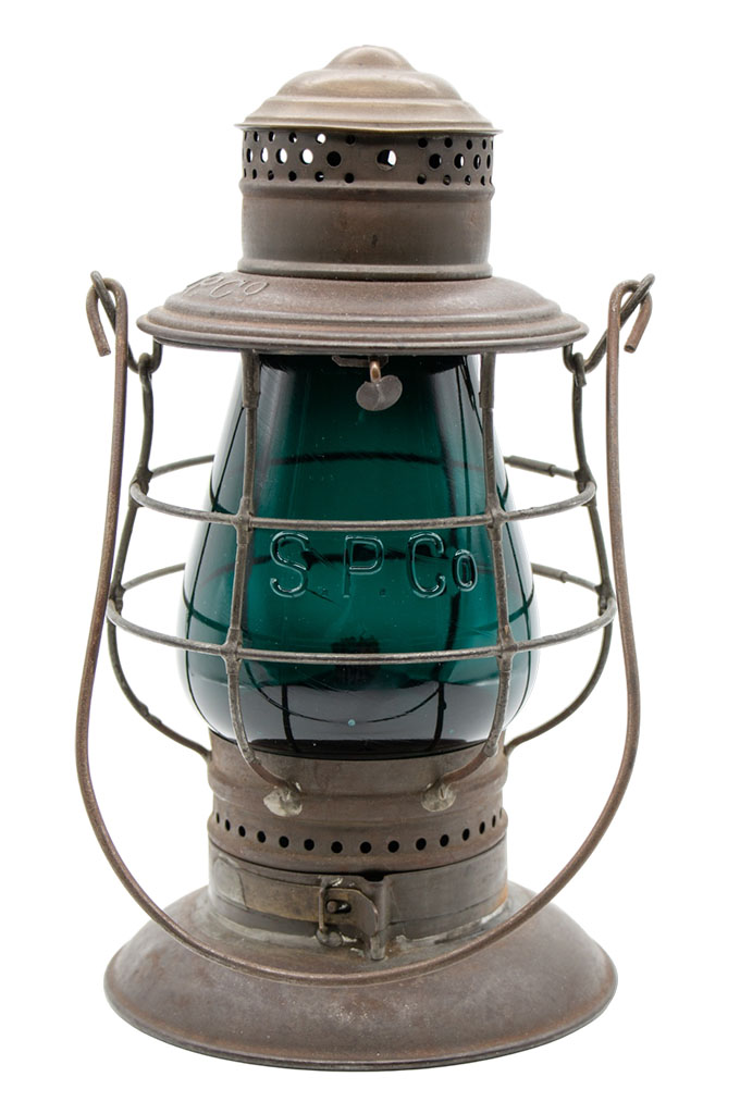 Southern Pacific Adams and Westlake 1882 brasstop bell bottom lantern with green cast SP CO globe