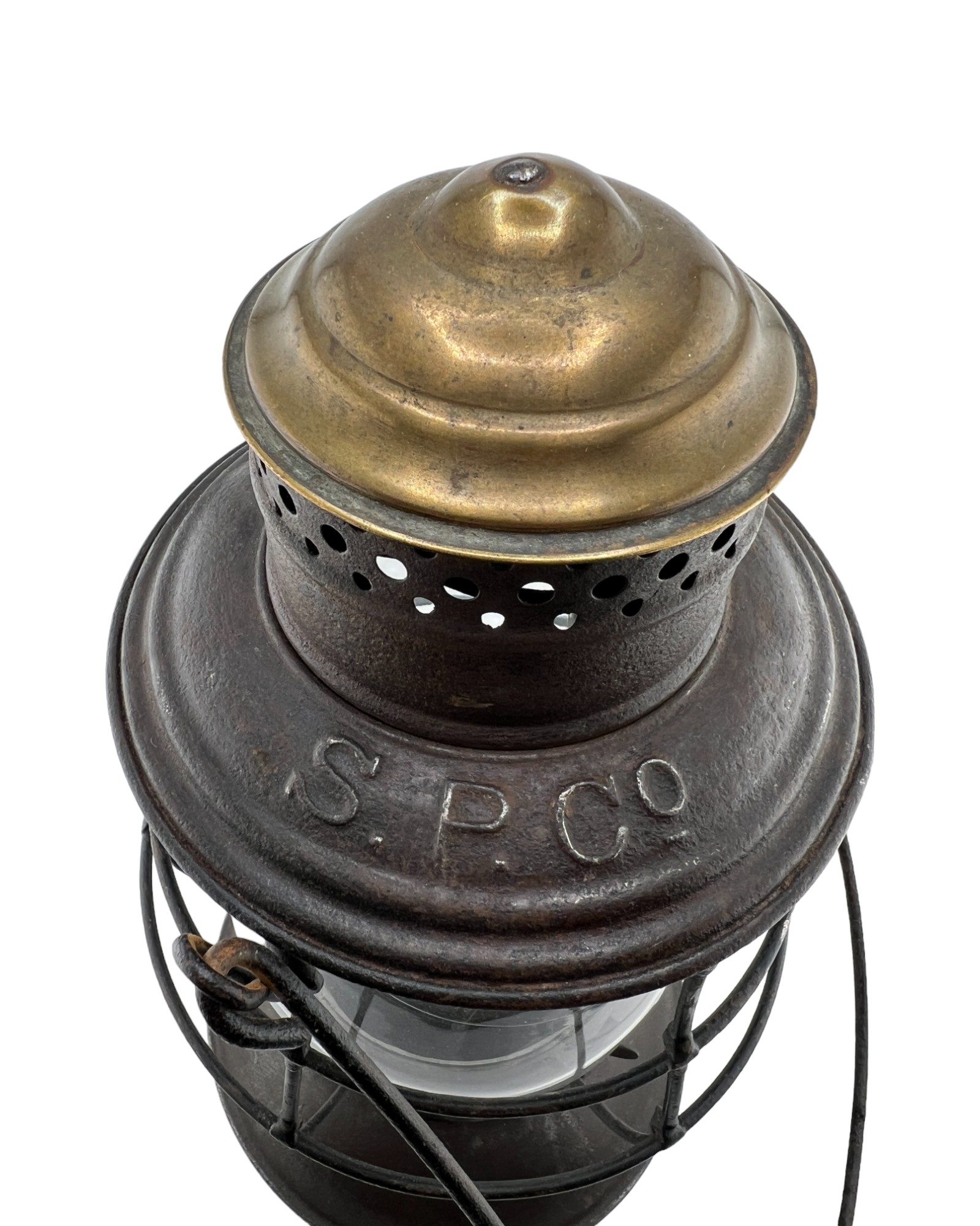 SPCO railroad lantern-southern pacific railroad-brass top railroad lantern-bell bottom railroad lantern-adams and westlake lantern-railroad antique lantern-railroadiana